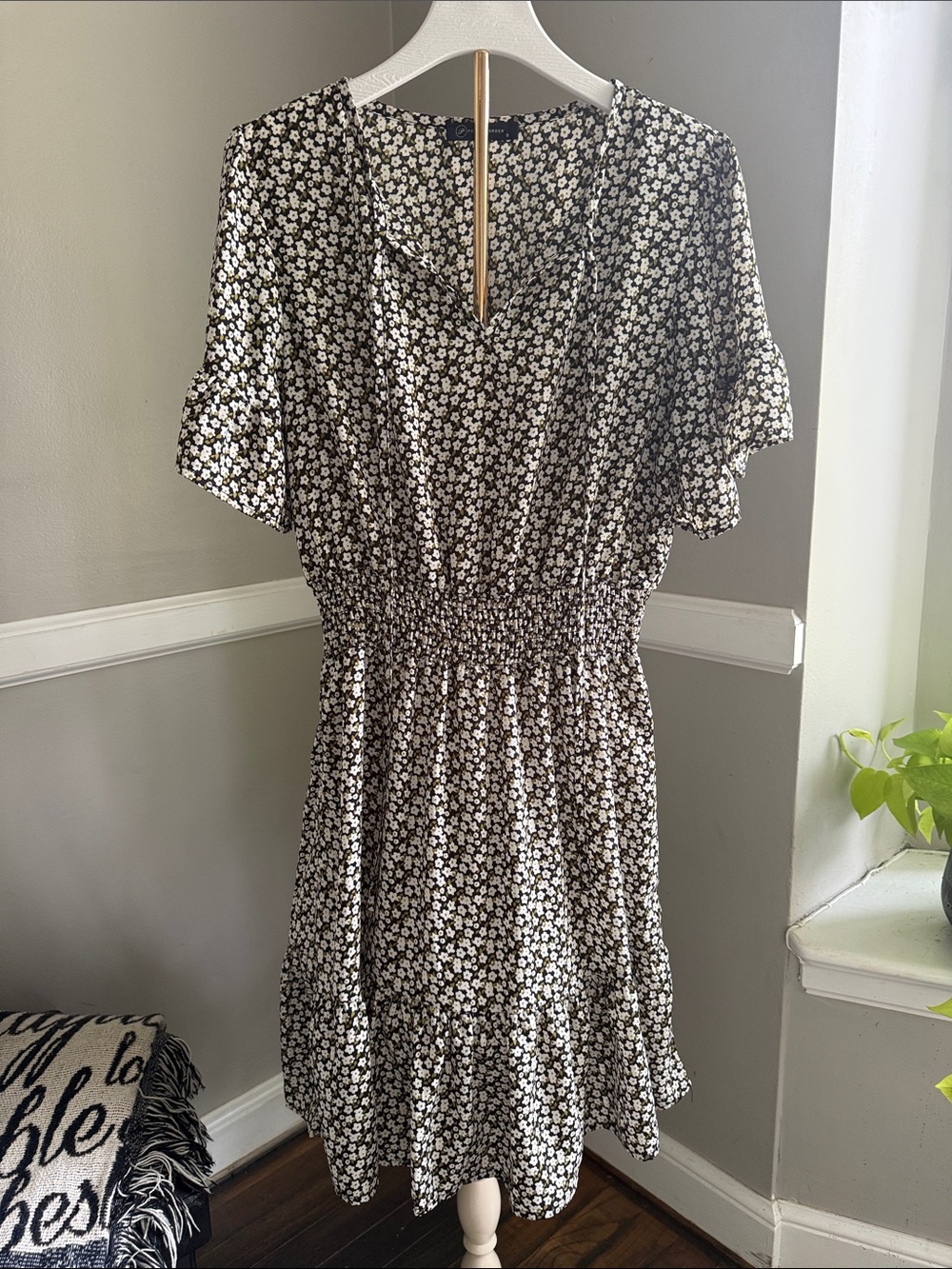 Smocked-Waist Black Floral Dress